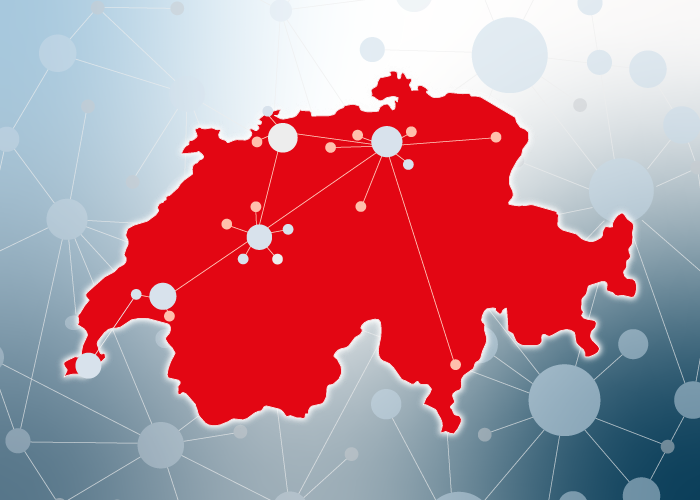 Teaser image future of SPHN, a red silhouette of a map of Switzerland, with interconnected dots on it, over a gradient background